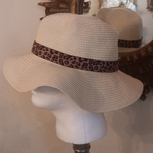 J Crew Paper Blend STRAW Leopard Banded Floppy Fedora Size S/M - Picture 2 of 7